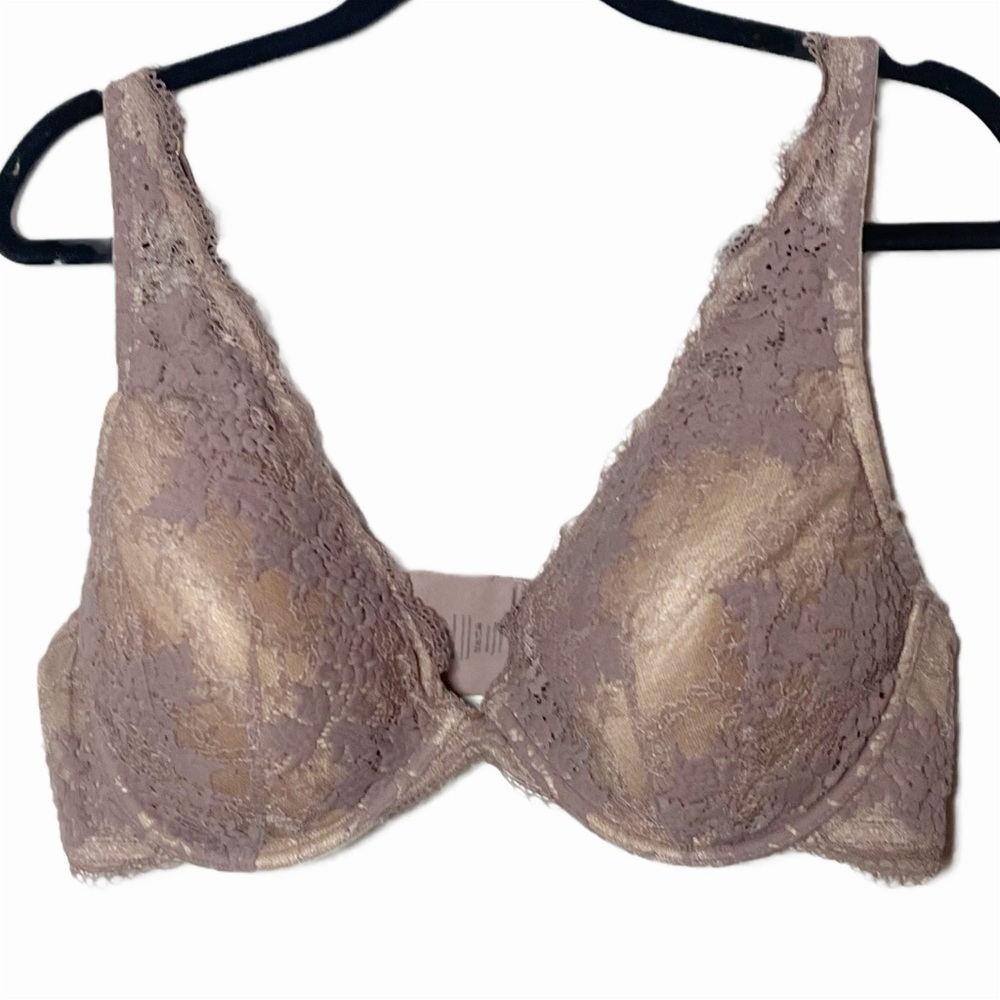 Lace Underwire Plunge Bra - Taupe/Champagne
